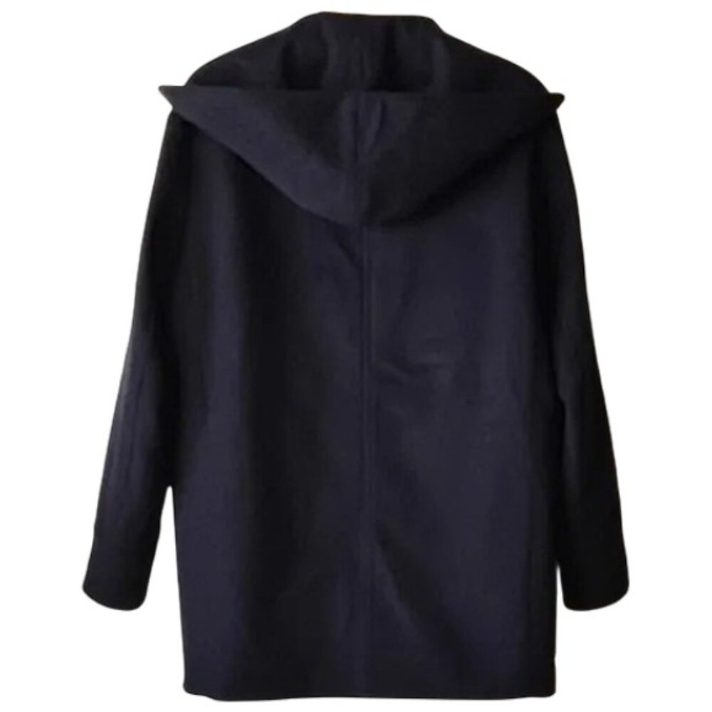EUC 23ku Merino Wool Cashmere Single Button Hooded Coat Japan 36 S 6 Dark Navy - Picture 2 of 11